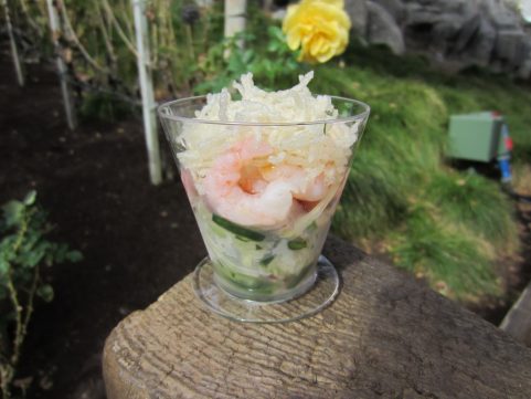 Chilled Papaya Shrimp Salad with chili-garlic vinaigrette and crispy noodles from Good Fortune’s Feast